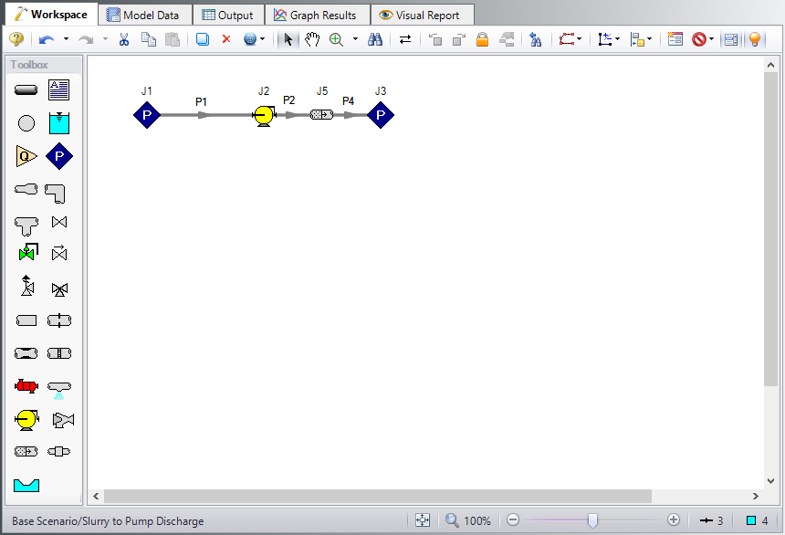 Workspace for the partial slurry case with slurry at the pump discharge showing the Volume Balance junction for the Slurries with Variable Fluid Properties example.